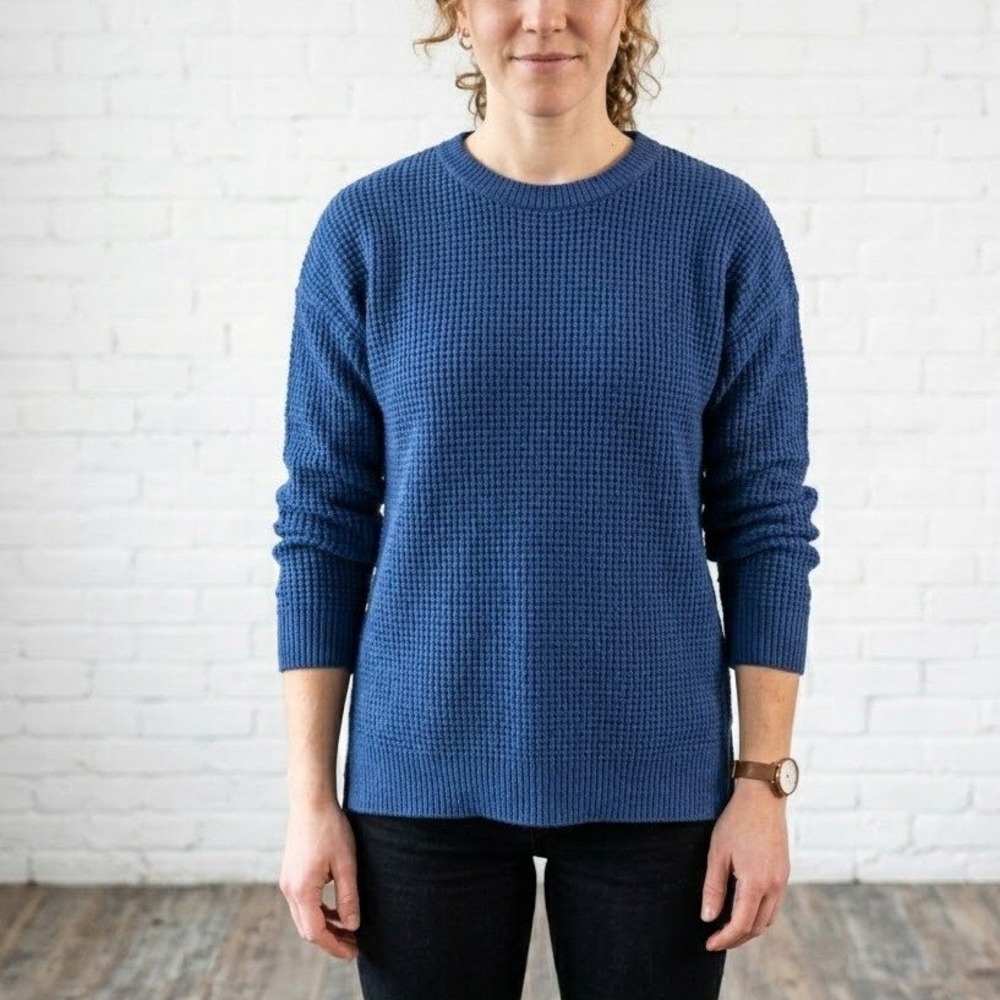 Kersh Merino Wool Blend Sweater Womens Small Blue Waffle Knit Pullover Winter